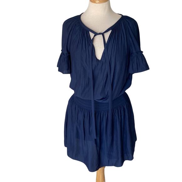 Ramy Brook Pleated Flutter Short Sleeve Mini Dress Navy Size Medium - Picture 1 of 11